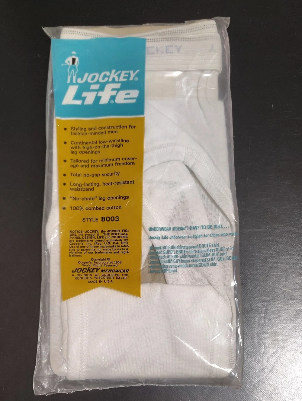 1968 VTG Jockey Life Lo Rise Slim Guy Men Brief WHITE -100% Cotton -Size 34 NOS